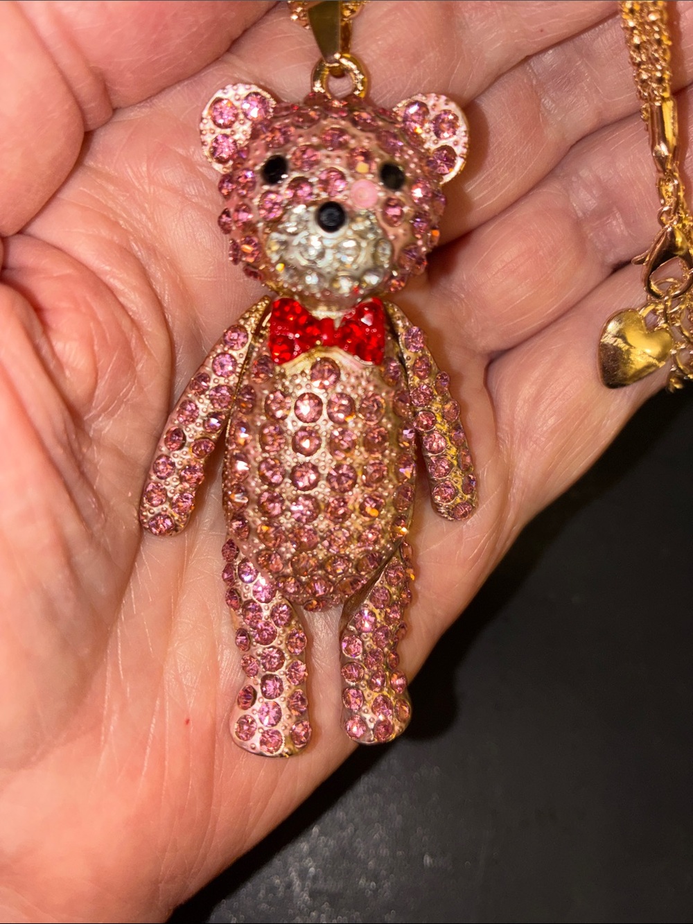 Pink Crystal Teddy Bear Pendant Necklace with Red Bow. Moveable Legs and One Arm